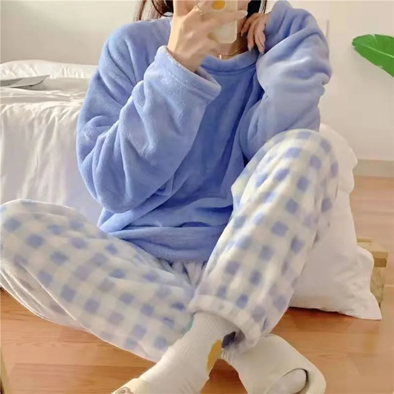 Autumn Winter Pijamas Kawaii Cartoon Pajama Sets Women Pyjamas Plaid Flannel Sleepwear Girl Pijama Mujer Night Suits Homewear