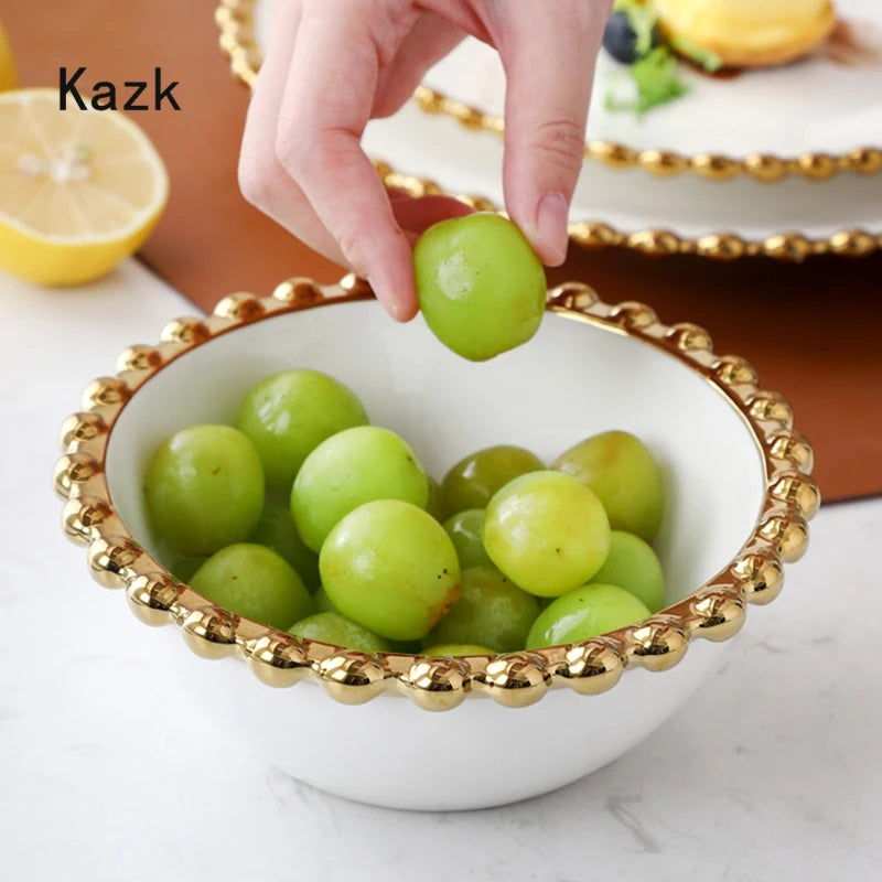 Creative Golden Beaded Side Dinner Plate Nordic Ceramic Plates and Bowls Spaghetti Dishes Dessert Salad Dish Western Tableware