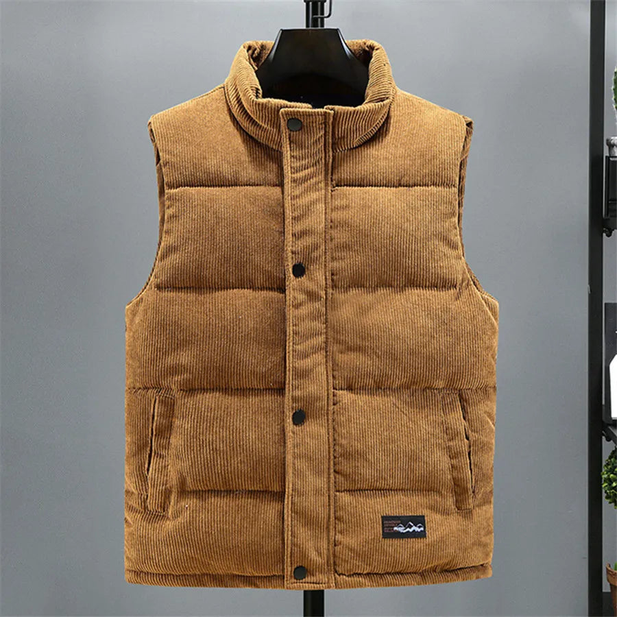 2024 New Vest Jacket Men's Autumn Winter Warm Sleeveless Coat Stand Collar Padded Waistcoat Corduroy Work Wear Male Clothes 5XL