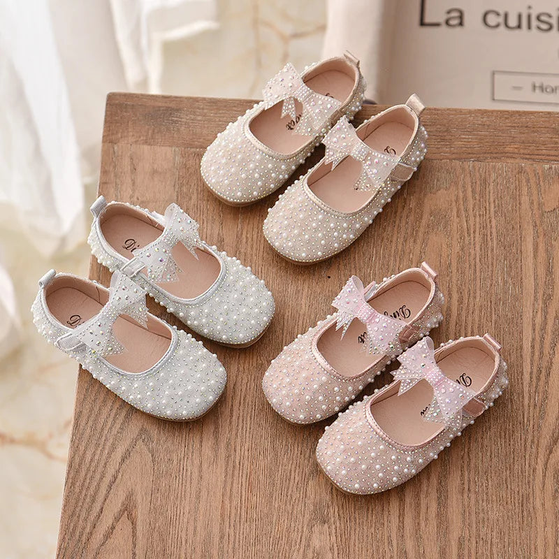 2021 New Girl's Princess Shoes Children's Fashion Bow Rhinestone Sequin Kids Shoe Baby Girls Party Student Flat Leather Shoes