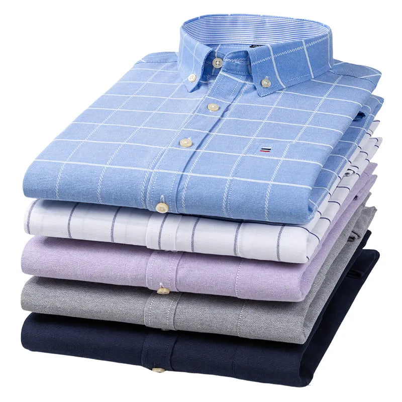 Men Oxford Fashion 100% Cotton  Long Sleeve Casual Slim Solid Color Plaid Print Stripe Formal Dress Shirt Plus Size