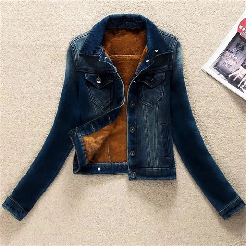 2023 Autumn Winter Fleece Denim Jacket Women Big Fur Collar Short Coat Thicken Velvet Liner Warm Tops Lady Jean Coat Outerwear