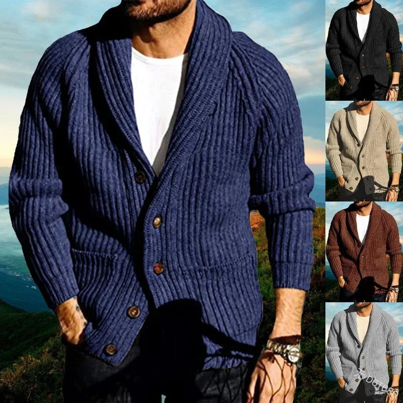 Men Knitting Coat Spring Autumn Solid Color Slim-Fit Cardigan Sweater Men England Style Long Sleeve V-neck Lapel Sweater Coat