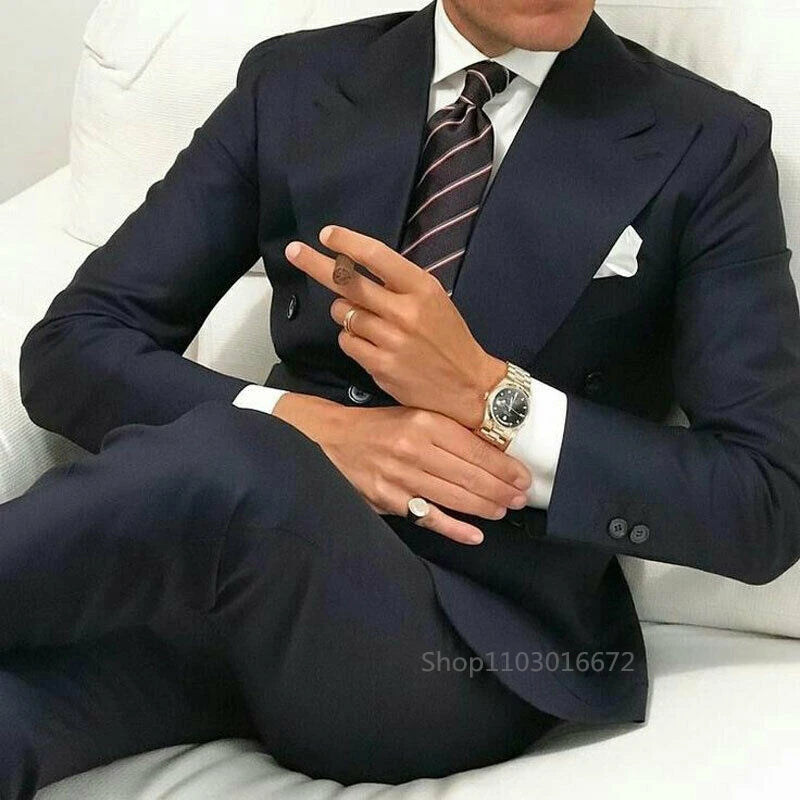 Navy Blue Peak Lapel Double Breasted Men Suits Formal Dress Men Smoking Homme for Wedding/Business/Party Slim Fit Groom Tuxedos