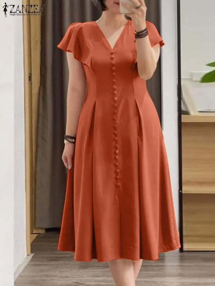 ZANZEA Summer Elegant V Neck Short Sleeve Dress Fashion Women Solid Pleated Mid-calf Sundress Robe Femme Work OL Vestido Kaftan