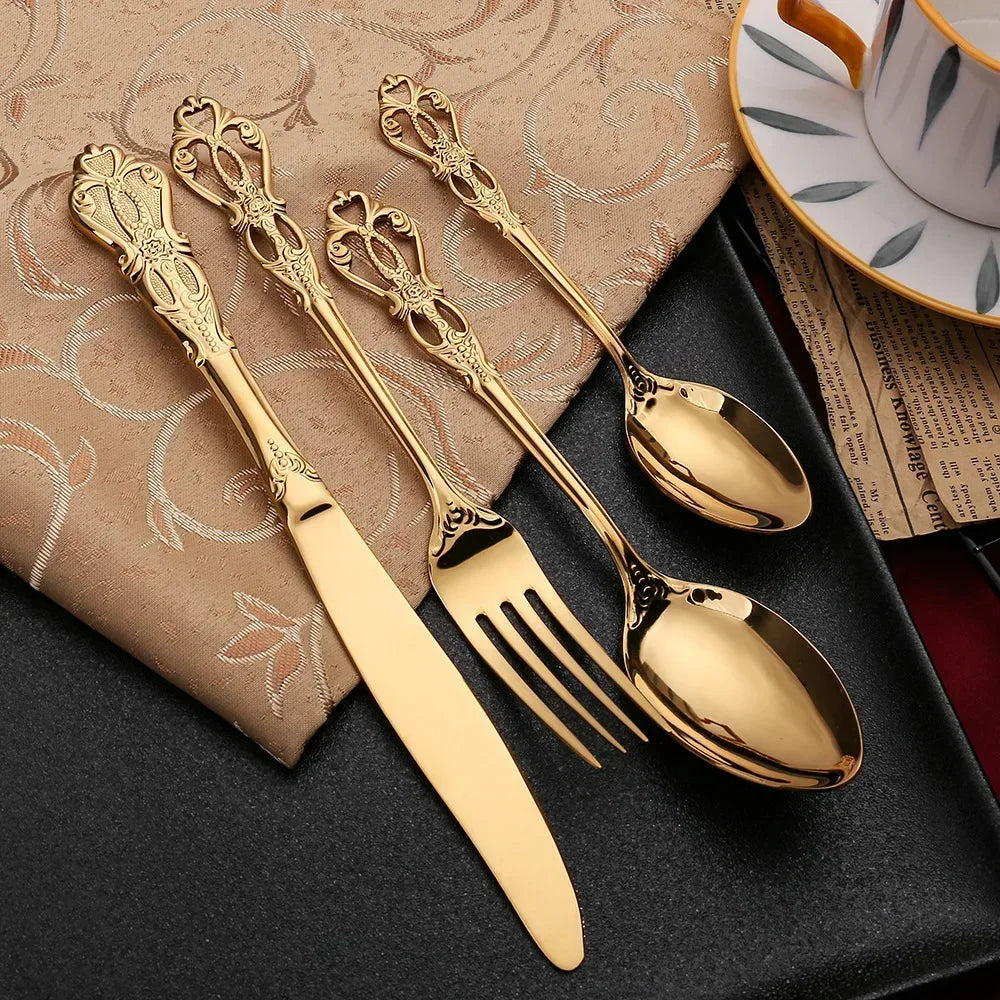 Retro Gold Cutlery Set Luxury Complete Tableware European Style Stainless Steel Spoon Fork Steak Knife Dinnerware Set Gift Box