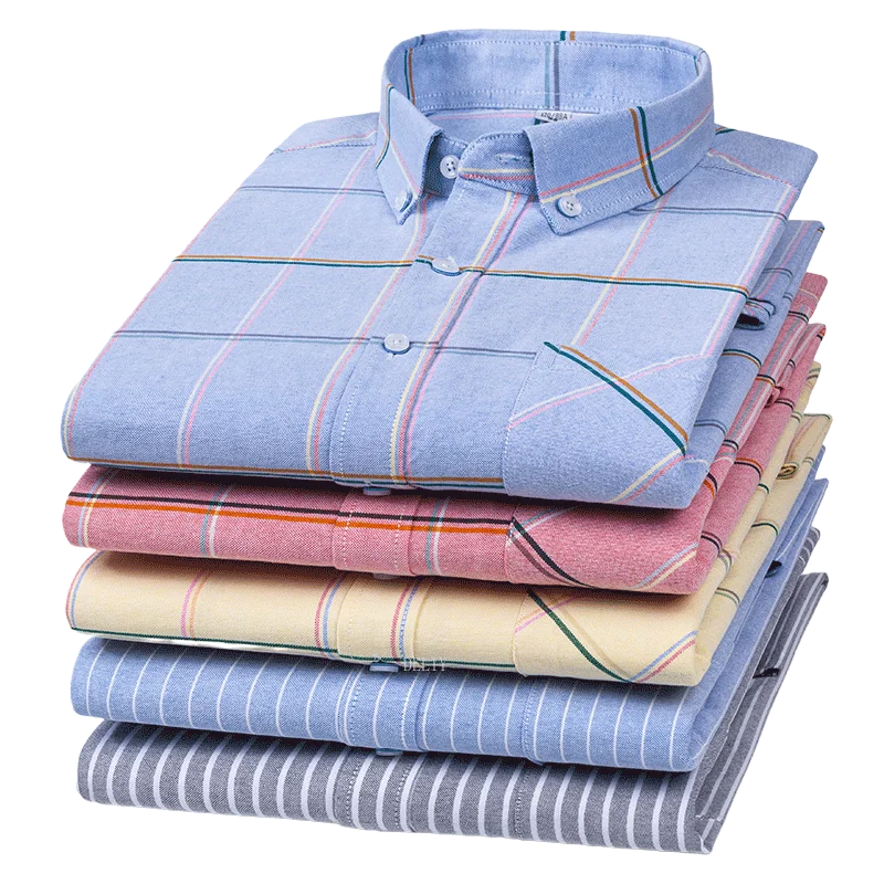 Men's 100% Cotton Plaid Checkered Long Sleeve Oxford Shirt Front Patch Chest Pocket Button Striped Versatile Casual Shirts