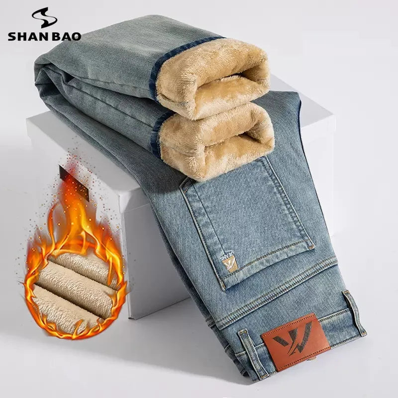 Winter Fleecy Thickened Warm Jeans Vintage Brand Classic Retro Youth Fashion Men Fit Straight Leg Casual Stretch Denim Pants