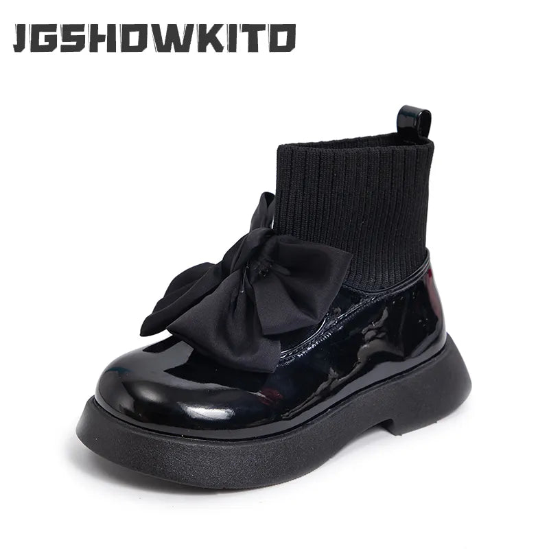 Children's Boots Fashion PU Solid Black Bow Girls Uniform 2023 Spring and Autumn New Kids Fashion Flying Knit School Socks Shoes