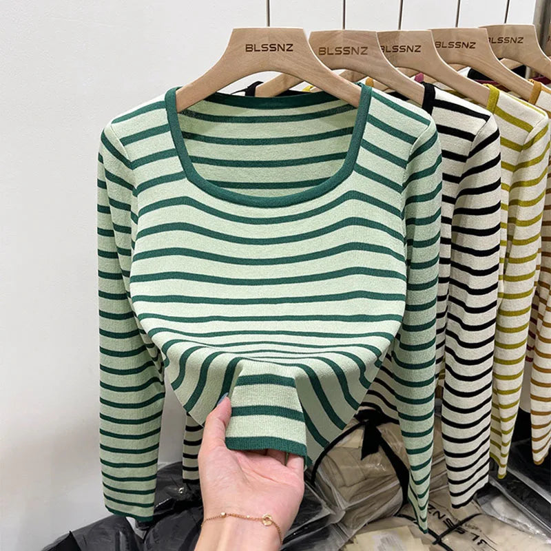 Women Stripes Square Collar Long Sleeve T-Shirt Autumn 2023 New Ladies Simple Fashion Pullover Tops Bottoming Knitted Shirts