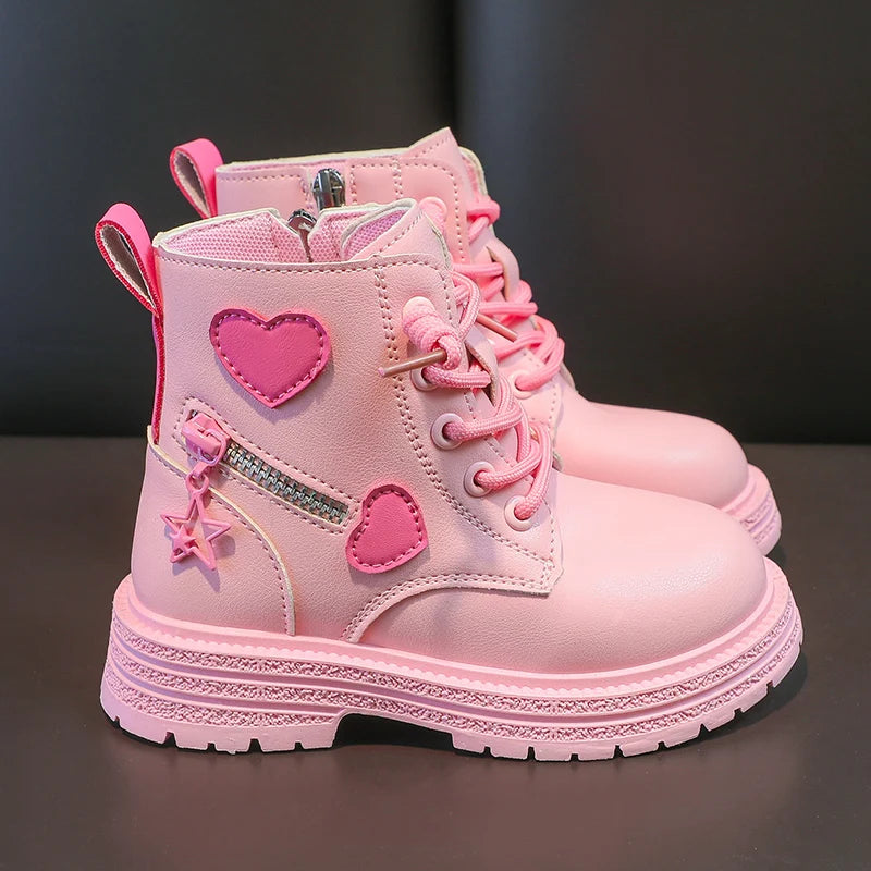 British PU Cool Girls Autumn and Winter Casual Cotton Boots Soft Pink with Love Side Zip Princess Kids Fashion Girls Ankle Boots