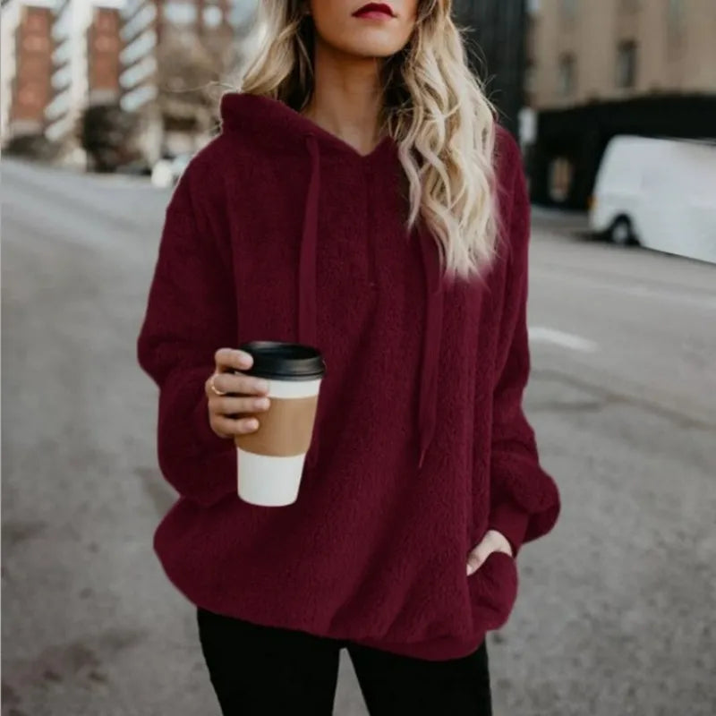 Autumn Winter Hoodies Long Sleeve Warm Coat Pullover Sweatshirt Plush Turtleneck Zipper Neck Women Fluffy Loose Hooded Outerwear