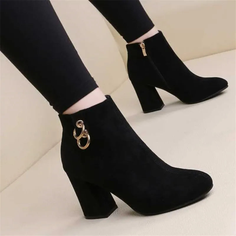 Retro Plush Warm Autumn Winter Women's Boot Vintage Block Heel Ankle Boots Zipper High Heels Women Shoes Big Sizes Botines Mujer