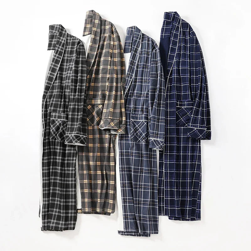 Pure Cotton Long Bath Robe Spring Autumn Plaid Bathrobe Men Sleepwear Kimono Robes For Male Full Bride Robe Dressing Gown M-4XL