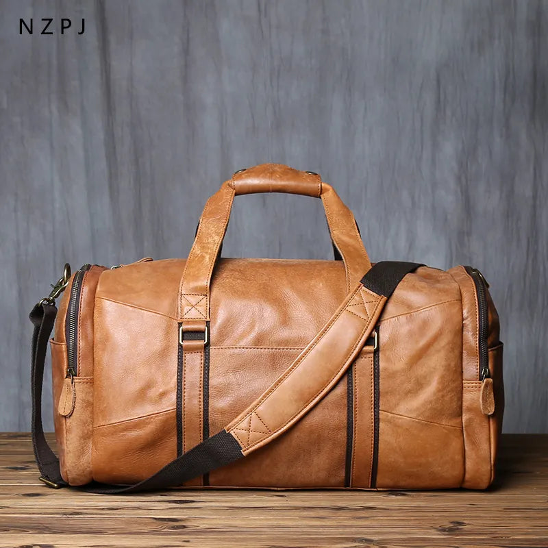 NZPJ Leather Retro Men's Travel Bag Shoulder Messenger Casual Backpack Top Layer Cowhide Large Capacity Luggage Bag Handbag