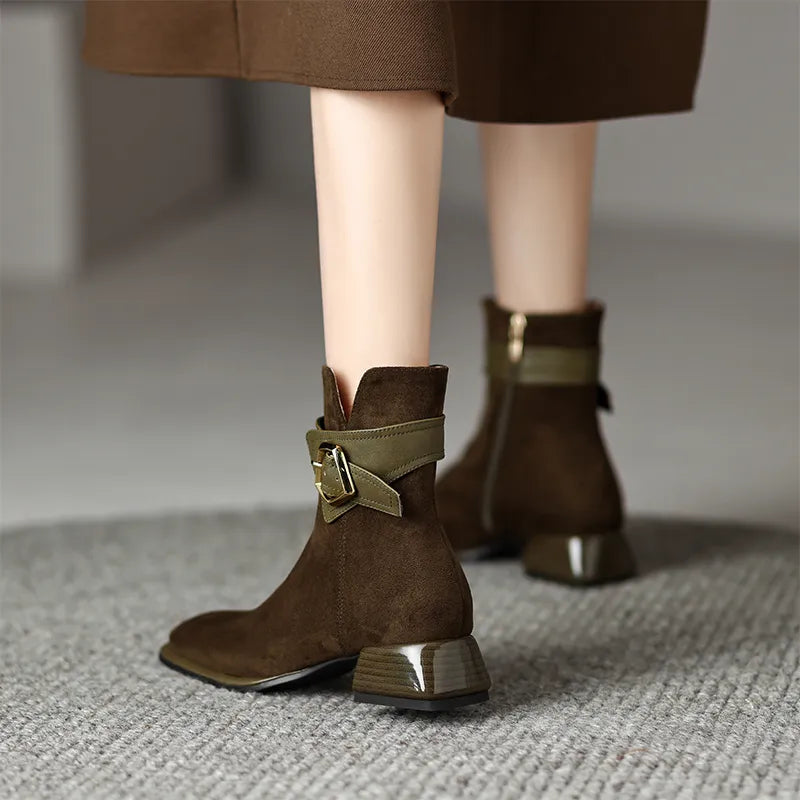 British Style Low Heels Ankle Boots Women 2023 Autumn Suede Faux Square Toe Short Boots Woman Thick Heeled Cowgirl Botas Shoes