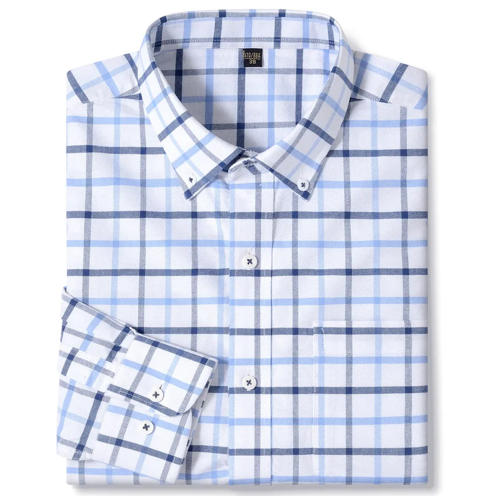 Men's Button-collar Long Sleeve Checkered Oxford Plaid Shirt Single Pocket Comfortable Cotton Regular-fit Casual Striped Shirts