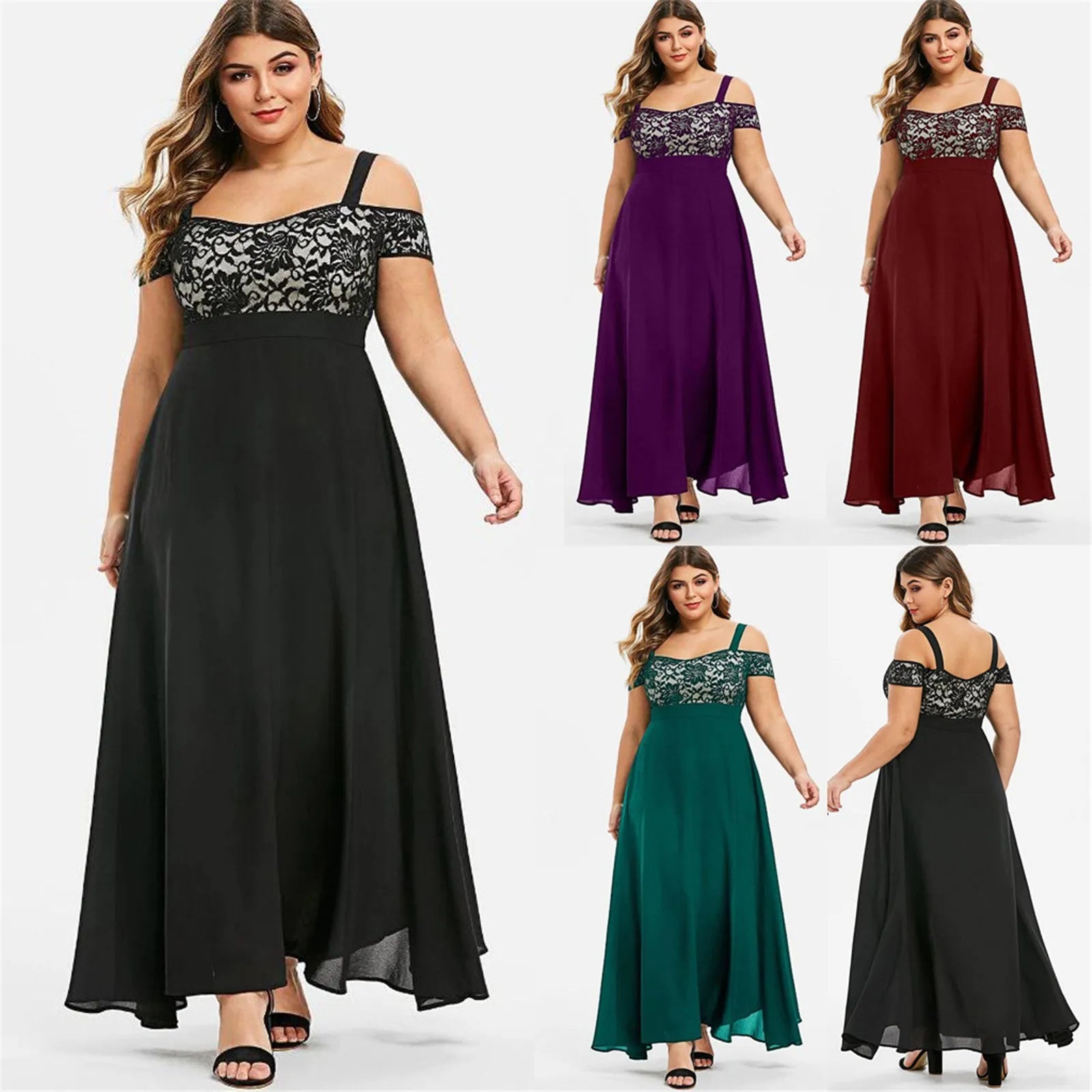 Women Plus Size Dresses Cold Shoulder Floral Lace Maxi Party Evening Camis Summer Casual Long Dress L-5XL Robe Vestidos Mujer