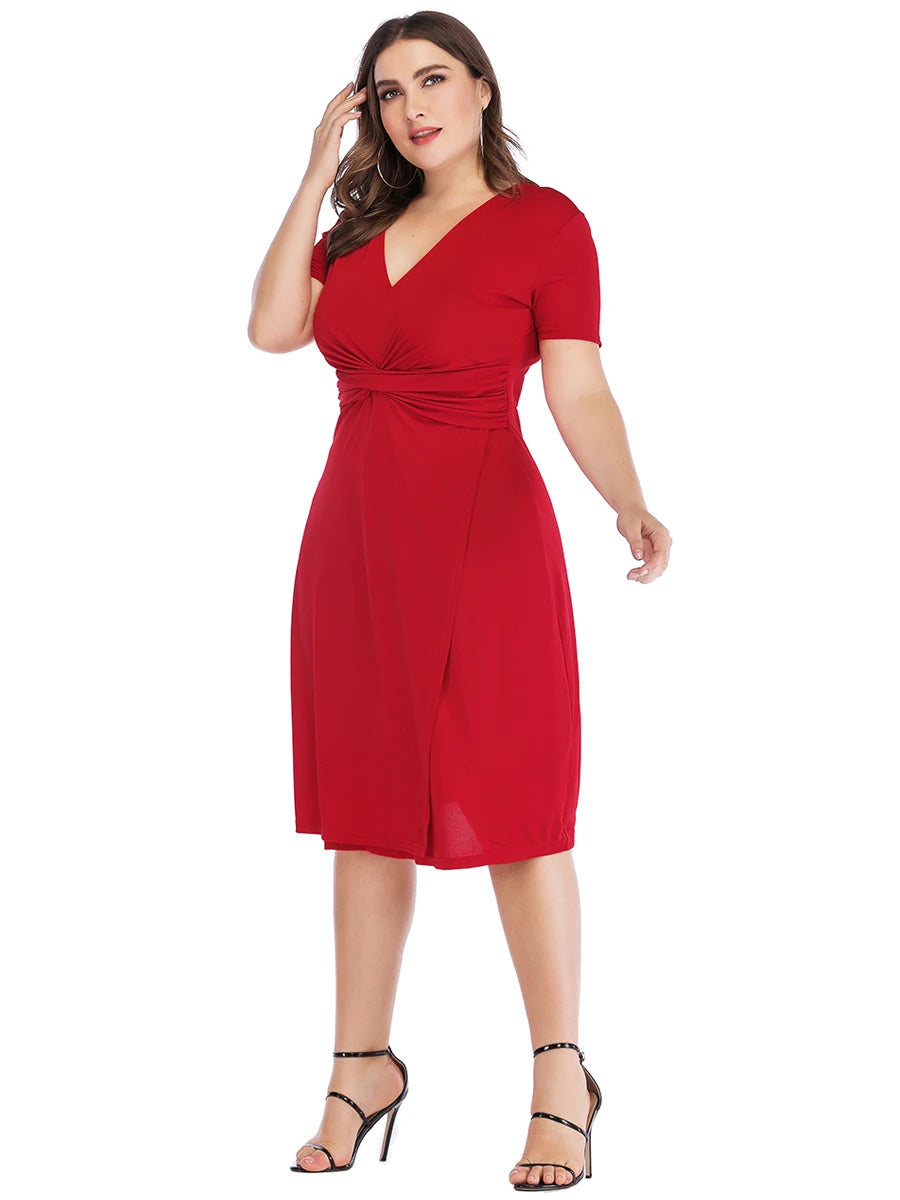 Plus Size Dress Woman 2023 Summer V Neck Short Sleeve Solid Casual Dress High Waist Red Midi Dress Curvy Size Women Clothing