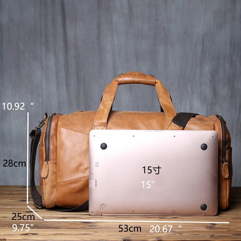 NZPJ Leather Retro Men's Travel Bag Shoulder Messenger Casual Backpack Top Layer Cowhide Large Capacity Luggage Bag Handbag