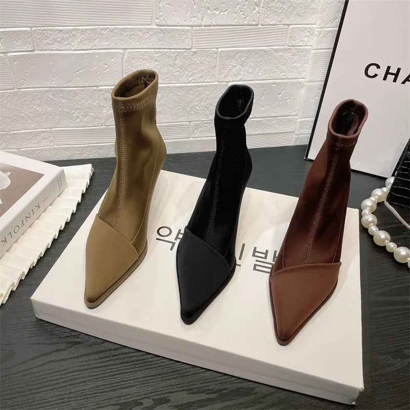 2023 Autumn Fashion Elegant Ladies High Heels New Satin Pointed Toe Short Boots Women Thin Heel Stretch Sock Boots Female Shoes