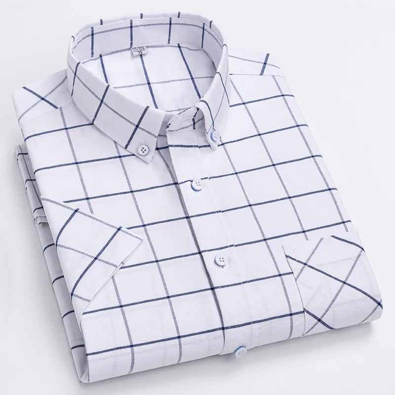 Men's Summer Shirts 100% Cotton Oxford Vertical Stripes Short Sleeve Standard-fit Loose Plaid Solid Soft Cotton Business Office