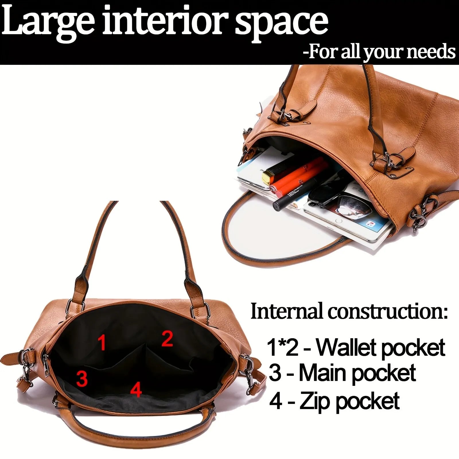 Women Handbags Tote Bag Soft Pu Leather Retro Designer Large Capacity Multi-pocket Casual Ladies Shoulder Crossbody Bag