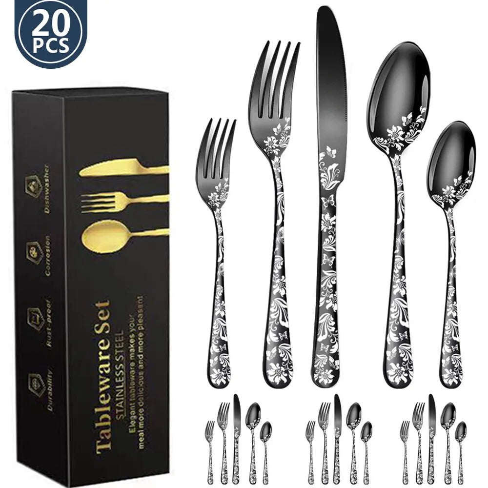 Explosive Pattern Stainless Steel Tableware 5 Components 20 Pieces Set Western Food/Steak Knife and Fork Spoon Kit Tableware Set