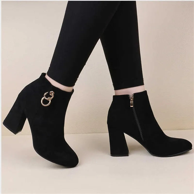 Retro Plush Warm Autumn Winter Women's Boot Vintage Block Heel Ankle Boots Zipper High Heels Women Shoes Big Sizes Botines Mujer