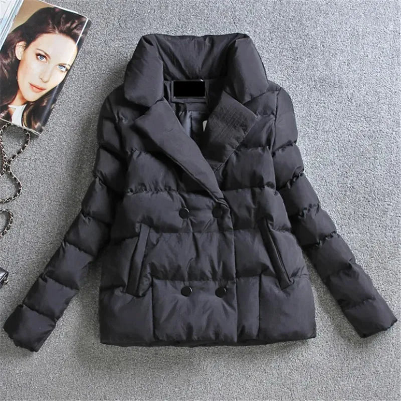 Autumn Winter Down Cotton-Padded Jacket Women 2023 New Short Fashion Suit Collar Outerwear Pure Colour Long Sleeve Coat Female