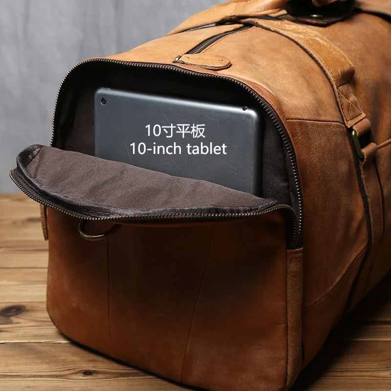 NZPJ Leather Retro Men's Travel Bag Shoulder Messenger Casual Backpack Top Layer Cowhide Large Capacity Luggage Bag Handbag