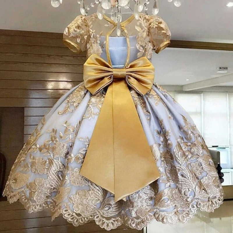 Bow Vintage Embroidery Kids Elegant Princess Dresses for Girls Opening Ceremony Festival Party Girls Gown Baby Baptism Vestidos