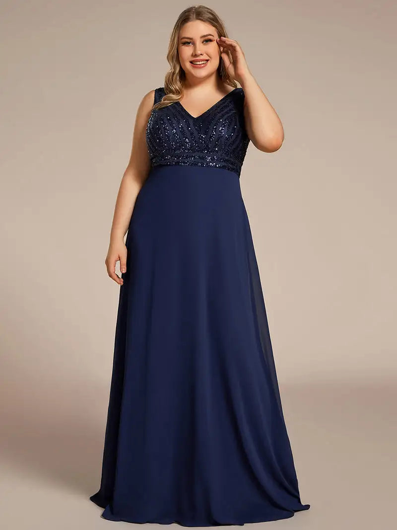 Plus Evening Dresses Sleeveless V-Neck Sequin & Chiffon Floor Length Ever Pretty 2023 of A-line Navy Blue Bridesmaid Dresses