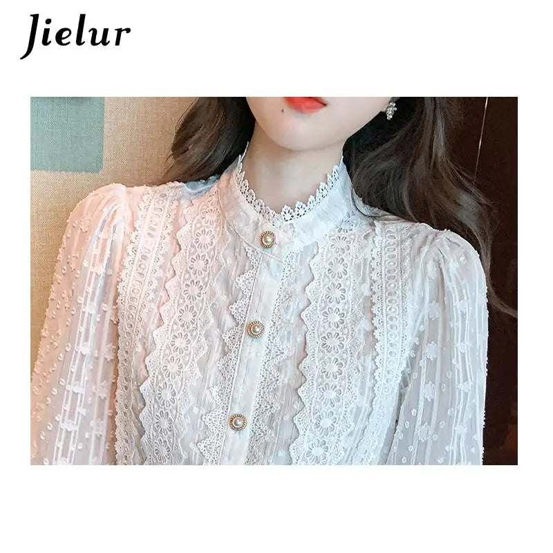 Jielur Autumn Women White Lace Blouse Shirt Women Tops Long Sleeve Blouse Women Blusas Mujer De Moda 2022 Blouses Femme Shirts