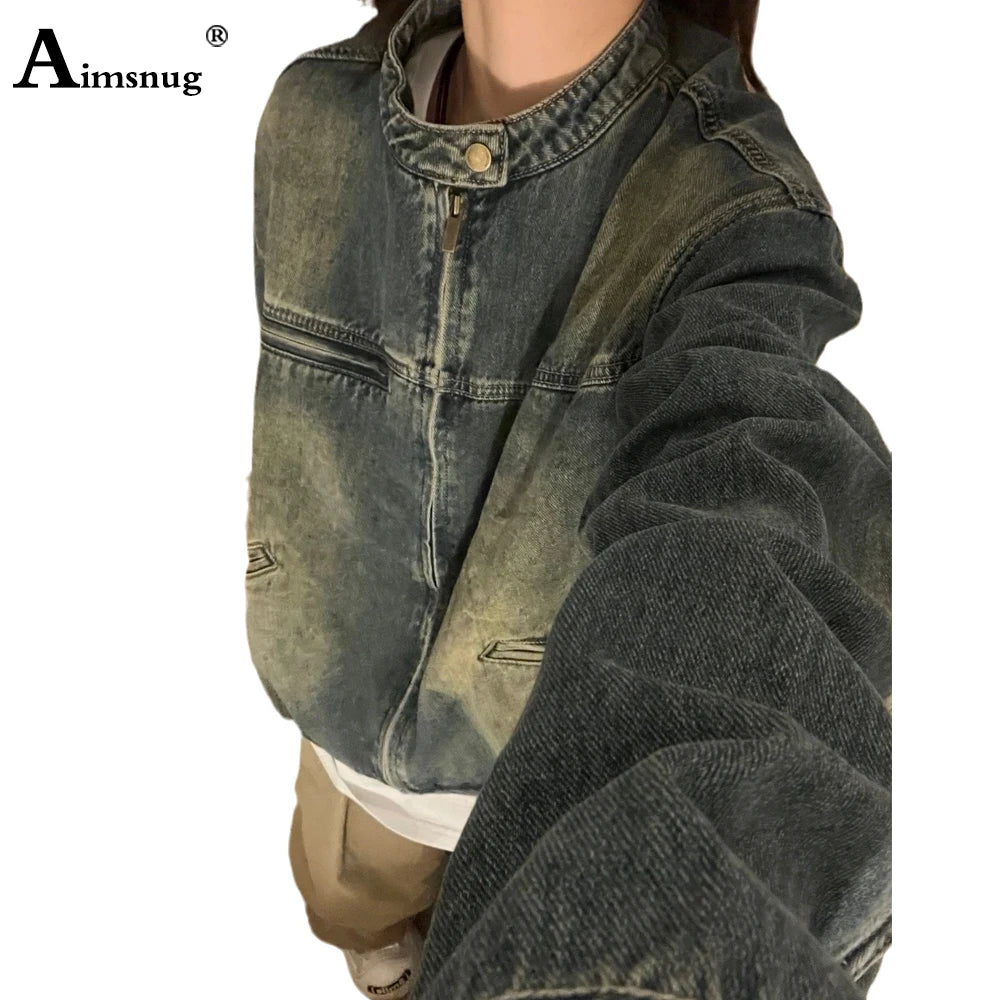 Women Mandarin Collar Demin Jackets Sexy Girls Clothing 2023 New Autumn Vintage Jean Outerwear Ladies Zipper Pocket Demin Coats