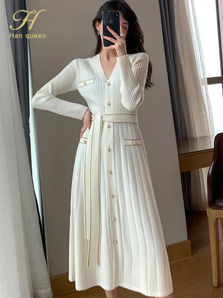 H Han Queen Autumn Single-Breasted Casual Pullover Sweater Vestidos Elegant Simple Office Dress Women's V-Neck A-Line Dresses