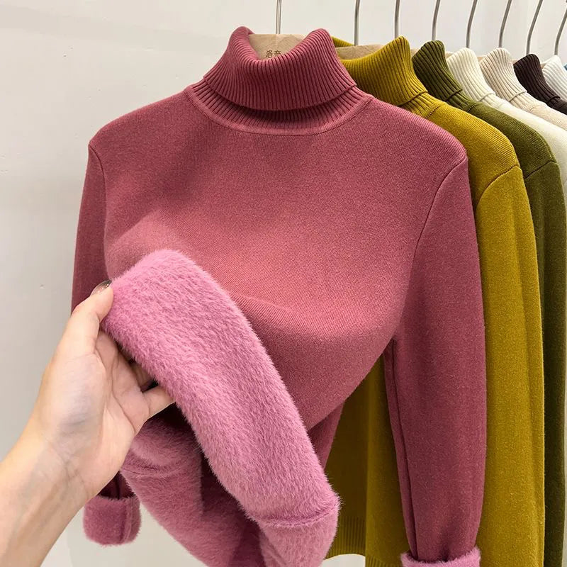 Plush Lined Winter Turtleneck Sweater Warm Slim Long Sleeve Jerseys Tops Thicken Soft Knitted Jumper Korean Women Basic Pullover