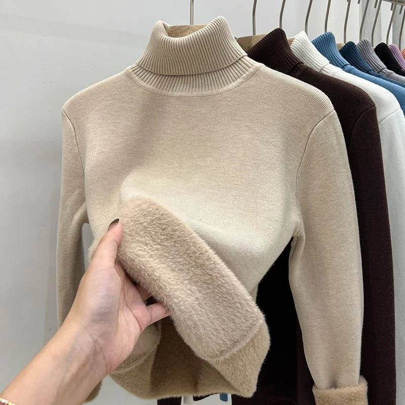 Plush Lined Winter Turtleneck Sweater Warm Slim Long Sleeve Jerseys Tops Thicken Soft Knitted Jumper Korean Women Basic Pullover