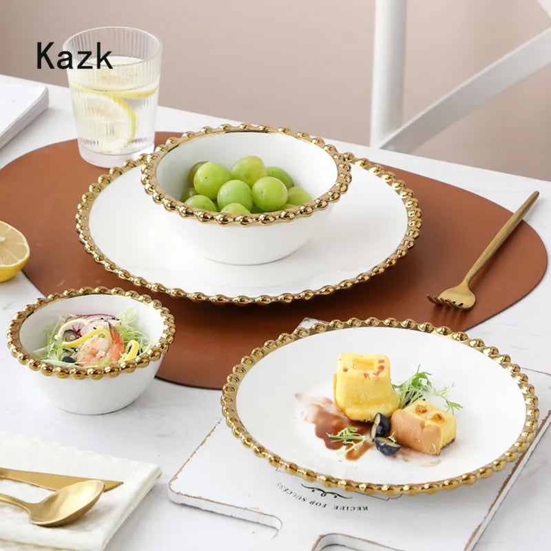 Creative Golden Beaded Side Dinner Plate Nordic Ceramic Plates and Bowls Spaghetti Dishes Dessert Salad Dish Western Tableware