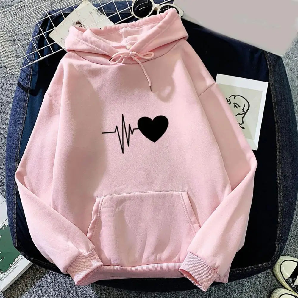 Dropshipping!! New Arrival Women Hoodie Drawstring Warm Pullover Heart Print Spring Hoodie