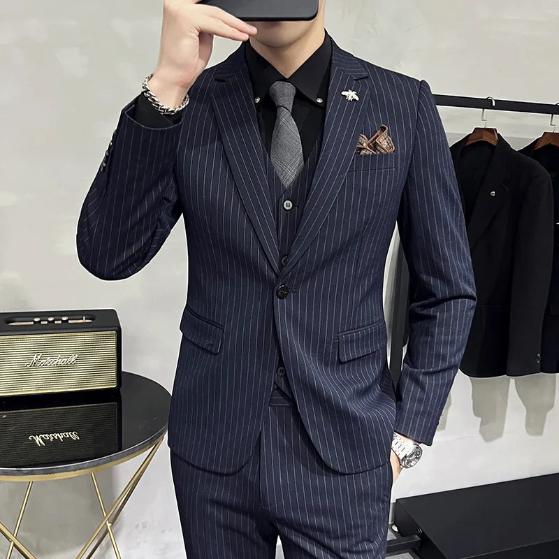 M-7XL Blazer Vest Pants Boutique Fashion Autumn & Winter Men's Casual Business Striped Suit Groom Wedding Dress Party Suits