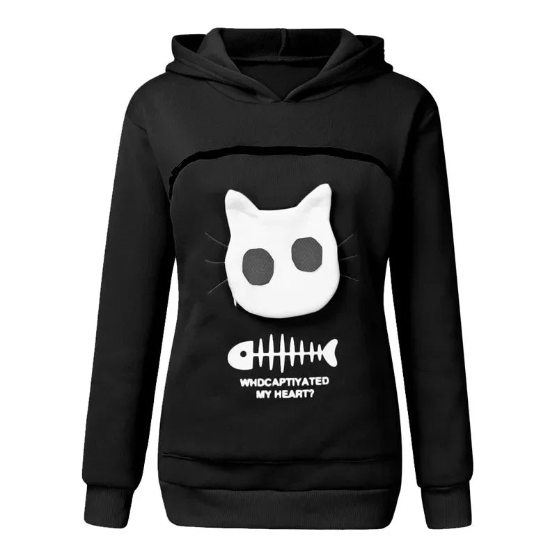 3XL Winter Hoodies Sweatshirt Women Animal Pouch Hood Pullover Blouse Tops Lady Carry Cat Breathable Sweatshirts Plus Size