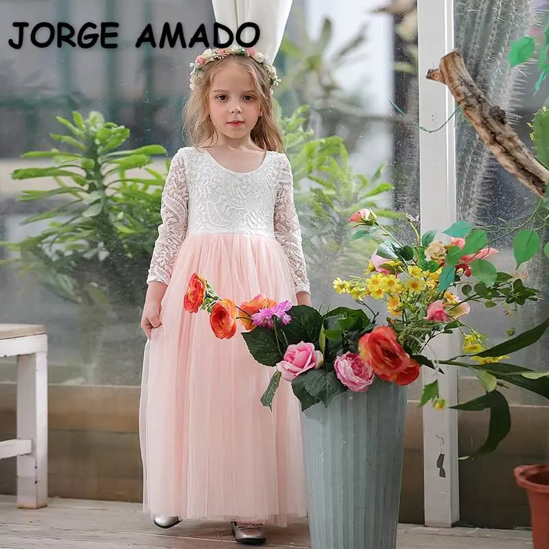 Princess Dress for Girls Ankle Length Wedding Party Dress Eyelash Back White Lace Beach Dress Children Clothing E15177