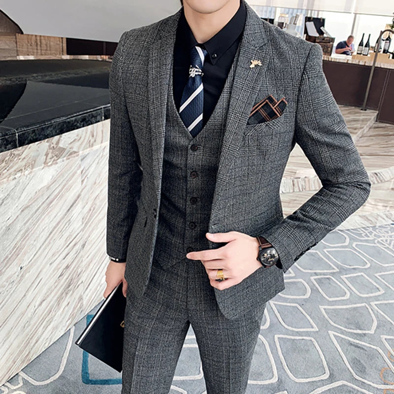 S-7XL (Jacket+Vest+Pants) Fashion Boutique Lattice Formal Business Mens Suit 3pcs Set Groom Wedding Dress Plaid Suit Show Stage