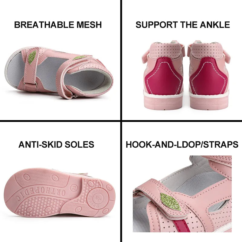 Orthopedic Children Sandals Corrective Footwear for Kids Girls Pink Hollow Out Open Toe Arch Support Low-cut with Leaf Design