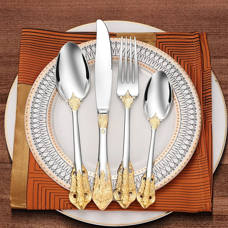 304 stainless steel Gold Cutlery Set Vintage Western Dinnerware Luxury Tableware Engraving Forks Knive Spoons Sliverware