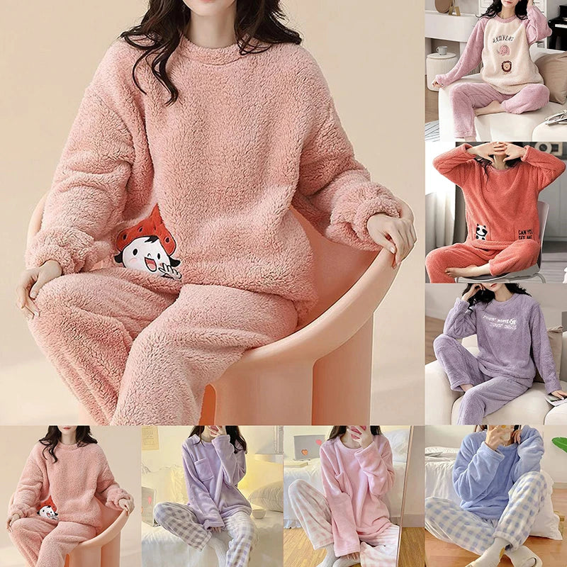 Autumn Winter Pijamas Kawaii Cartoon Pajama Sets Women Pyjamas Plaid Flannel Sleepwear Girl Pijama Mujer Night Suits Homewear