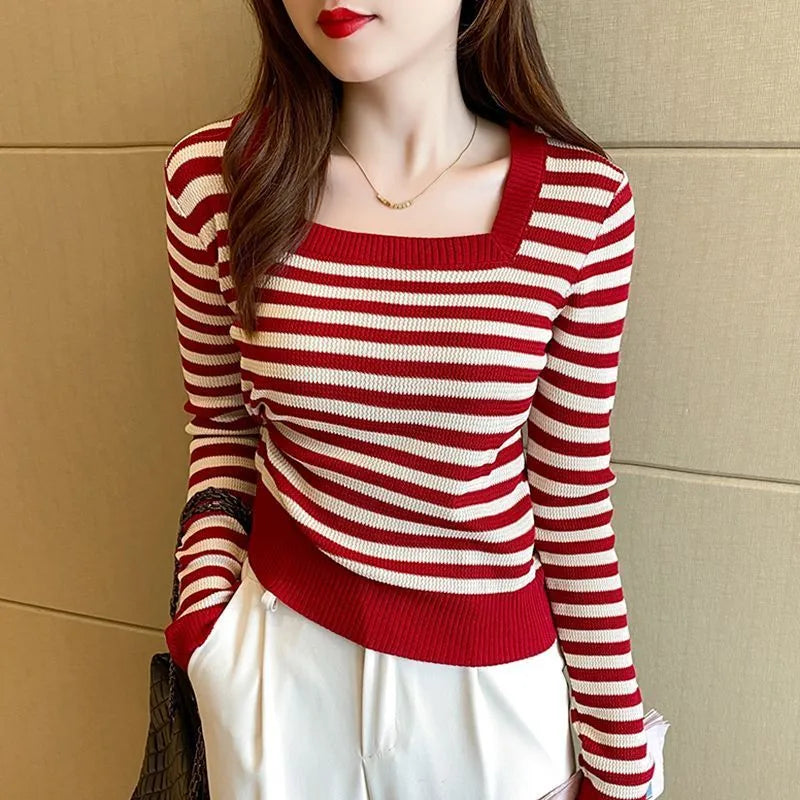 Female 2022 Autumn Stripe Slim Square Sollar T-shirt Korean Casual Fashion New Wild Office Lady Comfortable Long Sleeve Sweater