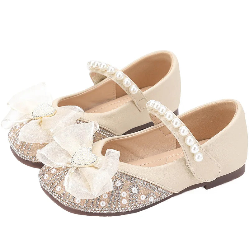 New Girls Leather Shoes Children Crystal Bow Party Dance Princess Dress Soft Sole Flats Toddler Baby Casual Moccasins Kids 3C