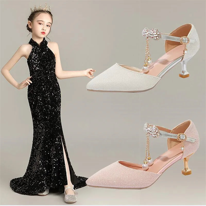 Fashion Princess Heels for Girl Cute Pearl Kids Stiletto Heel Shoe Children Party Wedding Shoes